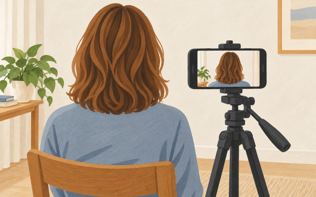 Illustrazione di una persona seduta di spalle mentre uno smartphone su treppiede inquadra i capelli.